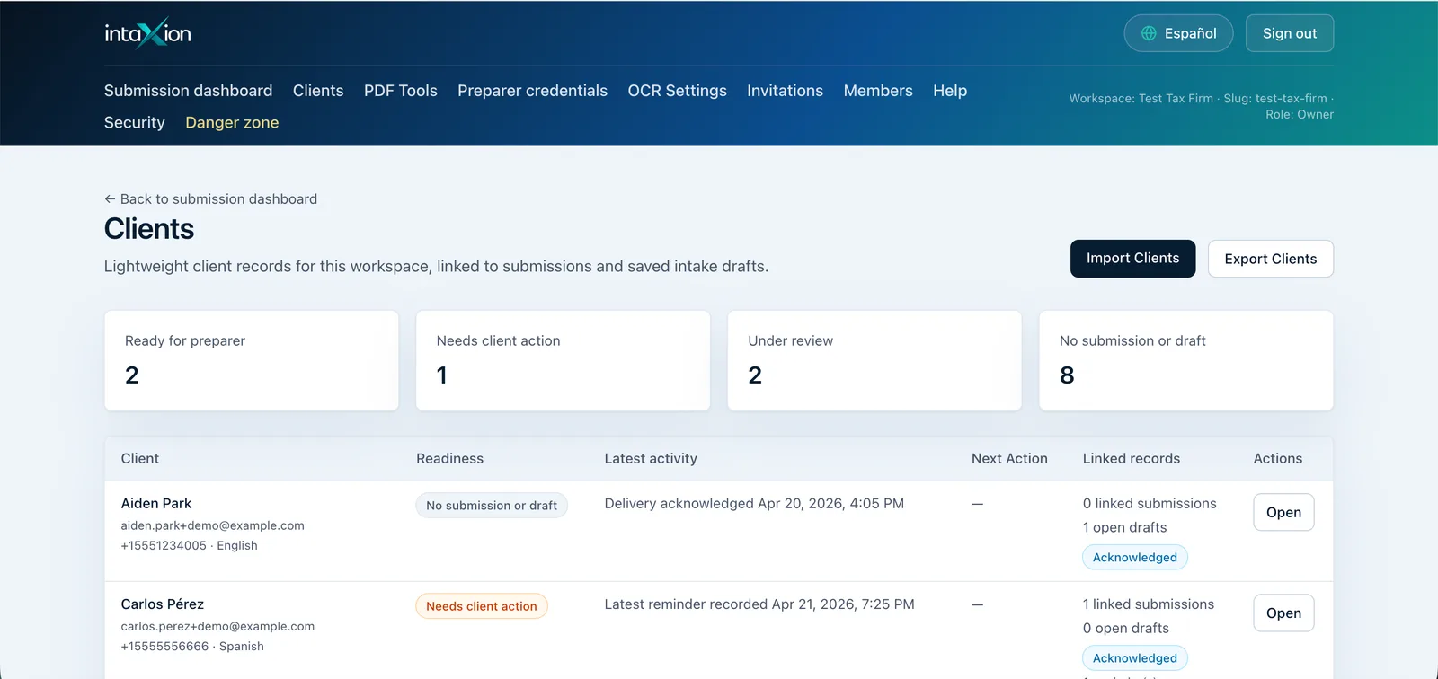 Intaxion clients page showing readiness, latest activity, linked records, and actions