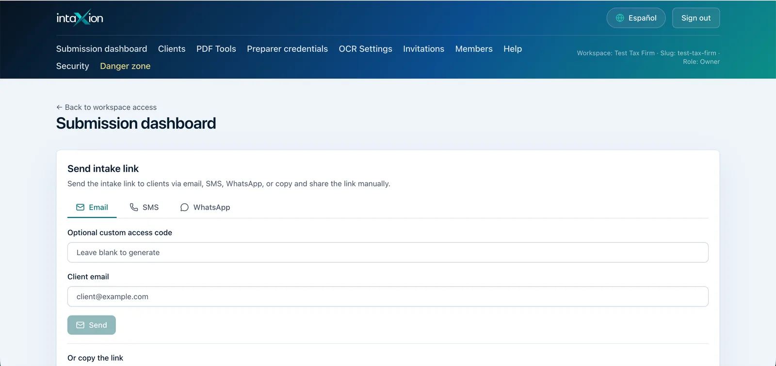 Intaxion submission dashboard showing review queue and document filters