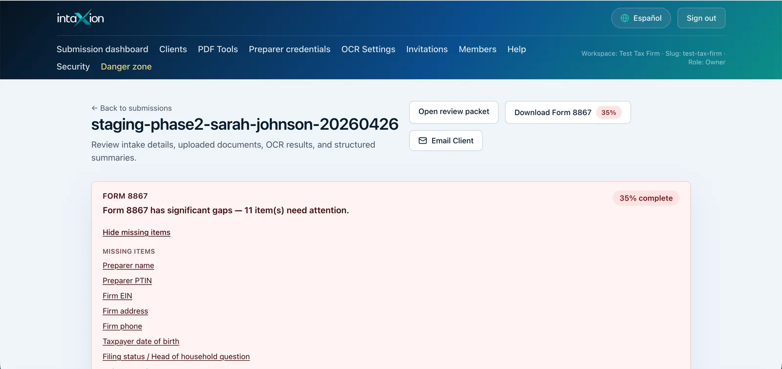 Submission detail with intake answers and review status