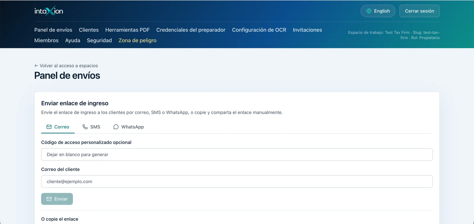 Panel de Intaxion con entregas, estados y filtros de revisión
