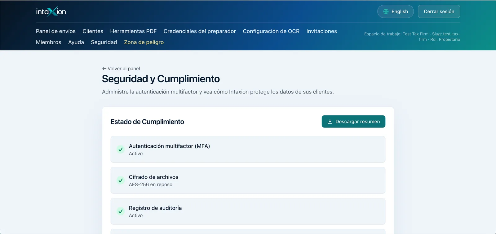 Configuración de seguridad de Intaxion