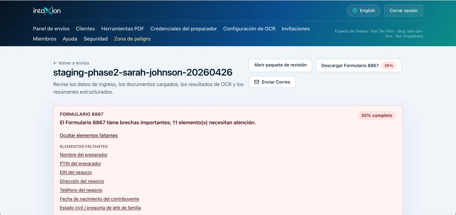 Detalle de envío con respuestas y estado de revisión