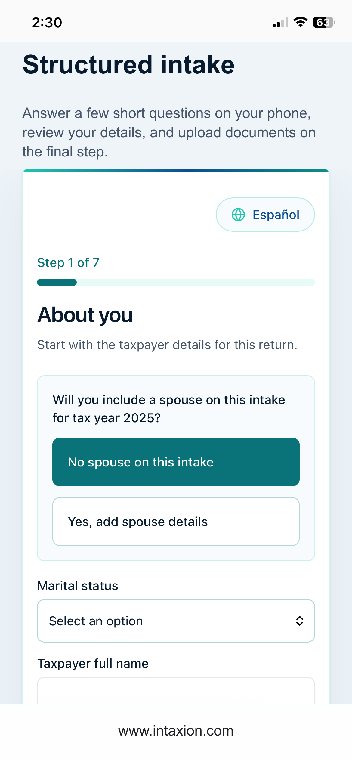 English mobile intake form