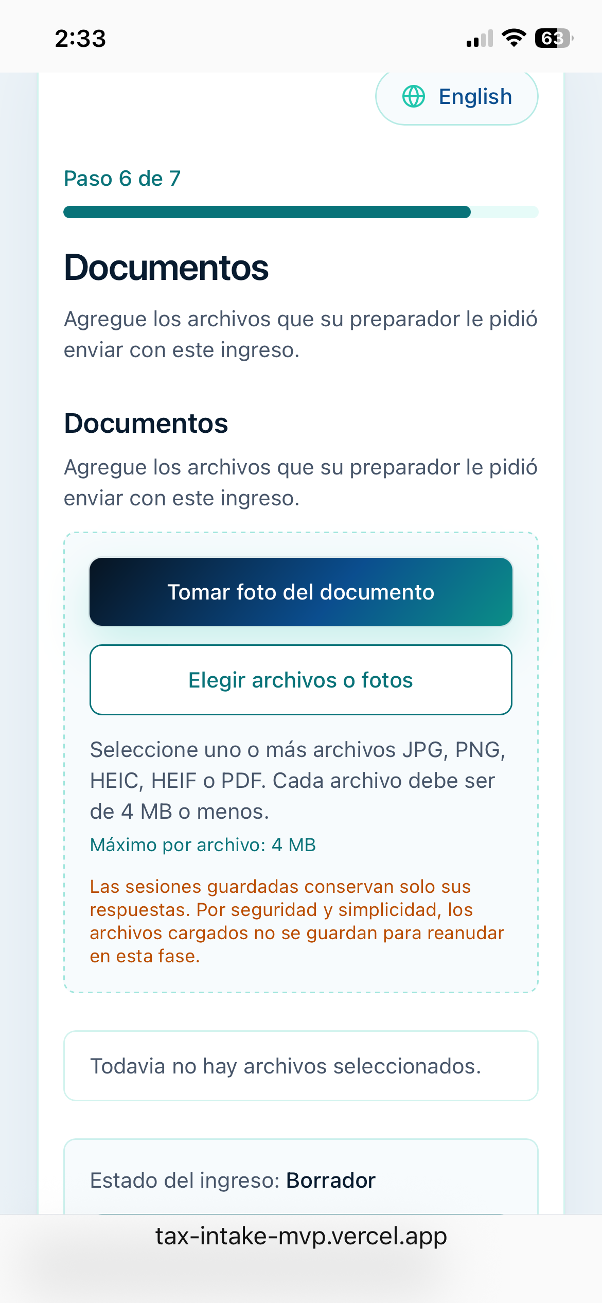 Spanish document upload step