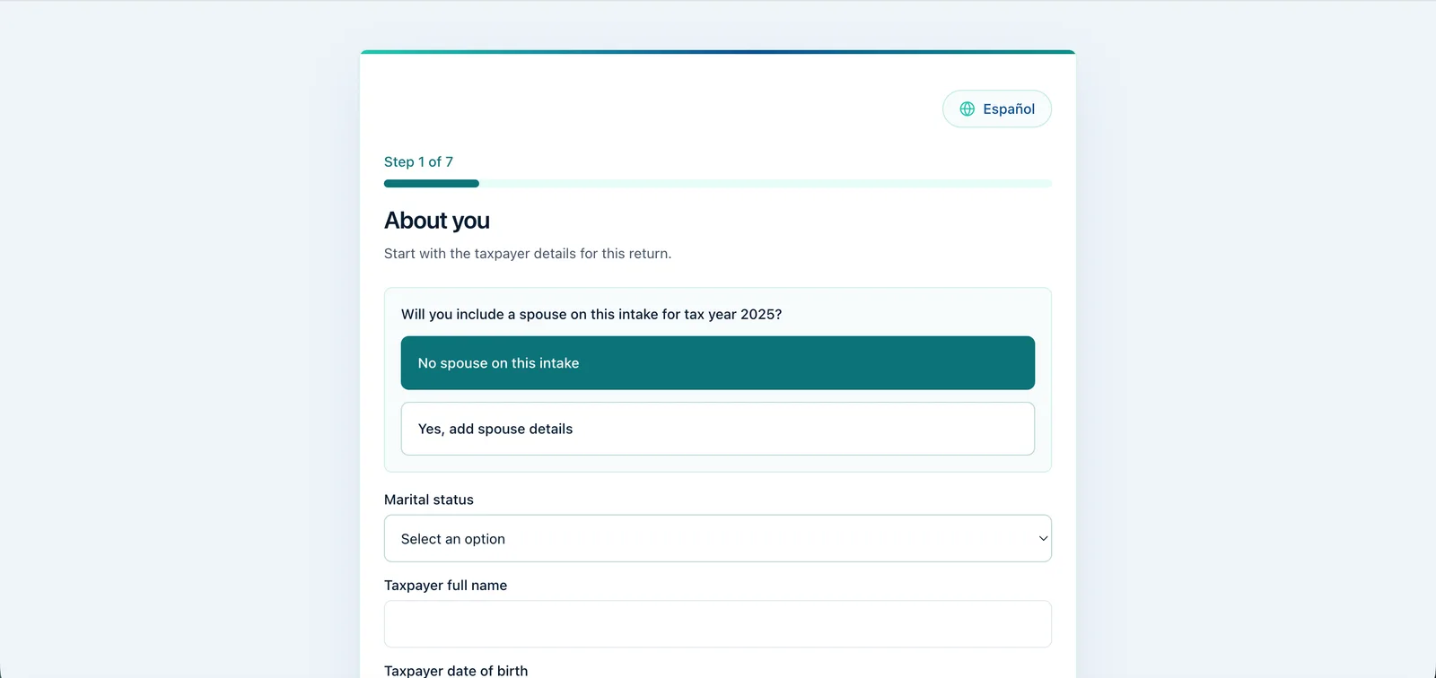 Intaxion bilingual client intake page with language controls and office branding