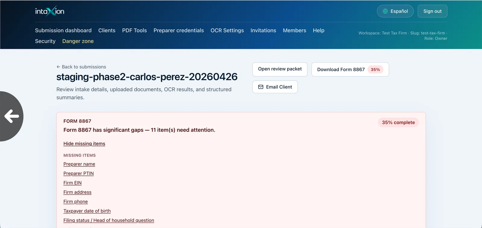 Intaxion missing documents view showing client records that need follow-up
