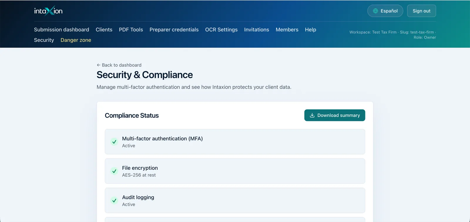 Intaxion security settings showing MFA and encryption status for a tax office workspace