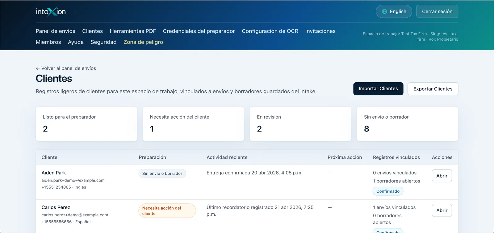 Página de clientes de Intaxion