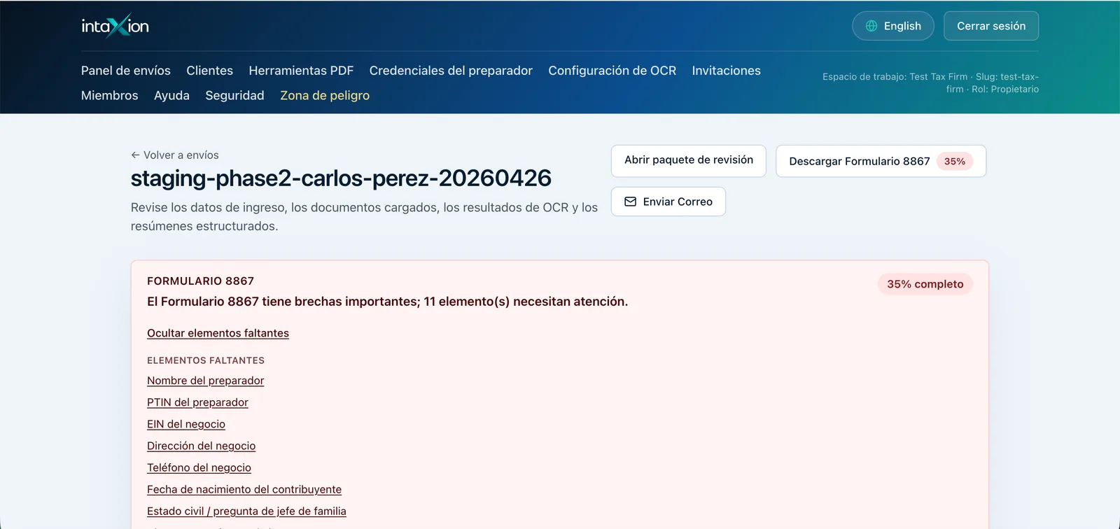 Vista de documentos faltantes en Intaxion