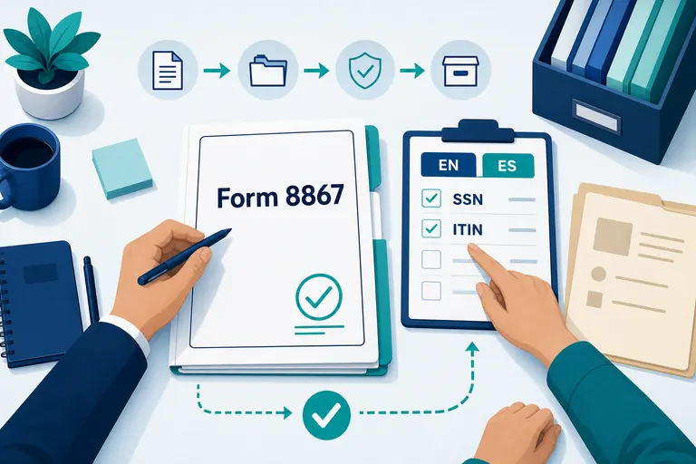 Operations-focused header illustration showing a bilingual tax office reviewing a Form 8867 packet before amended-return season.