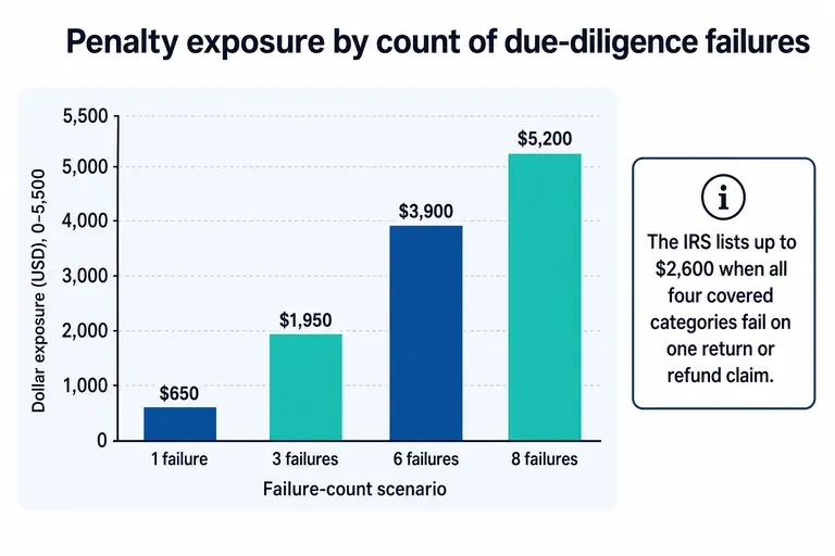 Bar chart showing due-diligence penalty exposure rising from $650 for one failure to $5,200 for eight failures, with a separate $2,600 single-return-or-claim annotation.