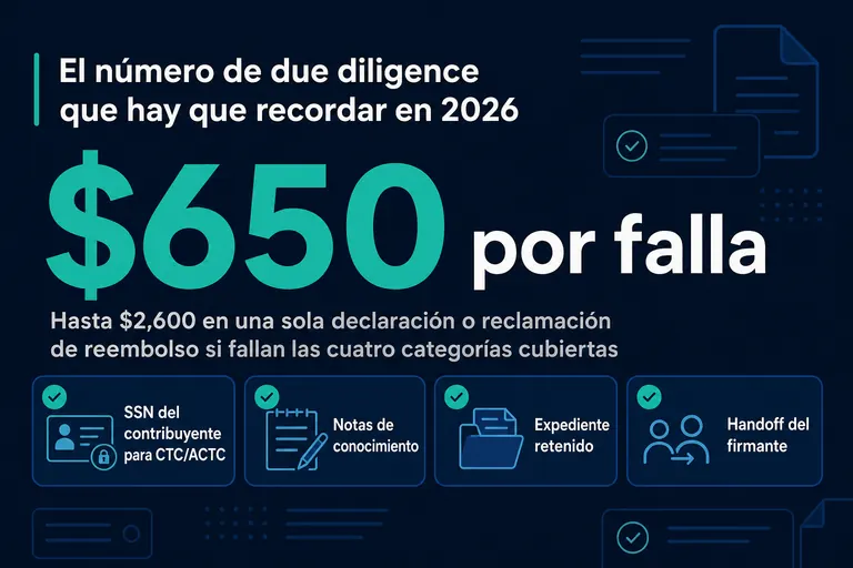 Tarjeta que resume la multa indexada de due diligence para 2026 y cuatro chequeos operativos del reset.
